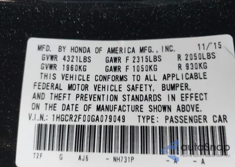 2016 Honda Accord Ex from USA, damaged, VIN 1HGCR2F00GA079049